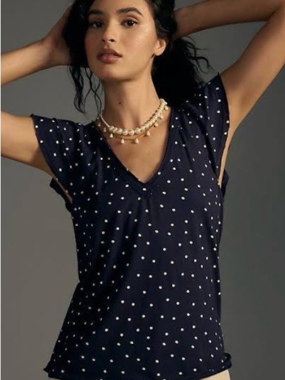 Anthropologie Navy and White Polka Dot V-Neck Tank